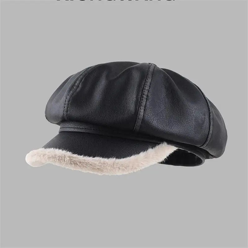 Luxury Hat Women Men Military Caps Faux Leather Octagonal Hat Warm Velvet Newsboy Captain Caps For Autumn Winter