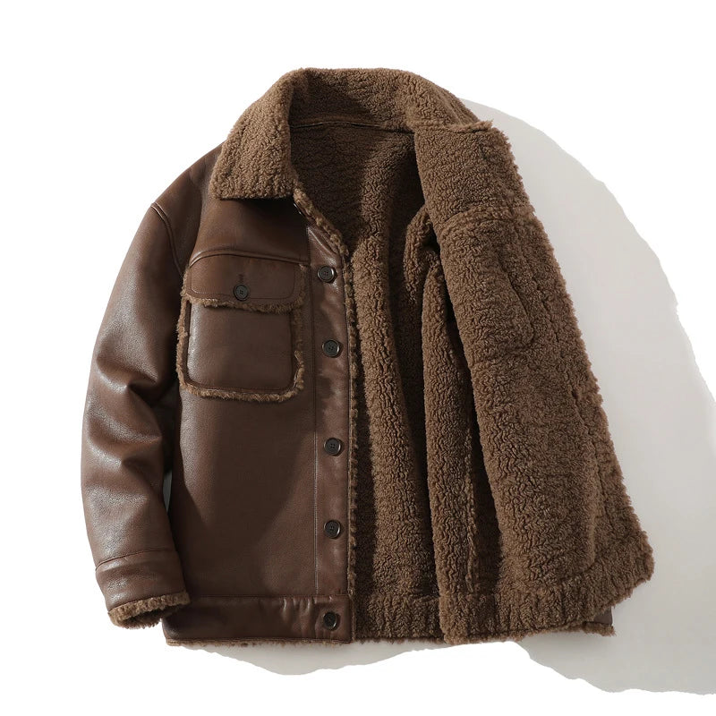 Men Suede Leather Jacket Autumn Winter Warm Thick Casual Outwear Faux Lamb Wool Fur