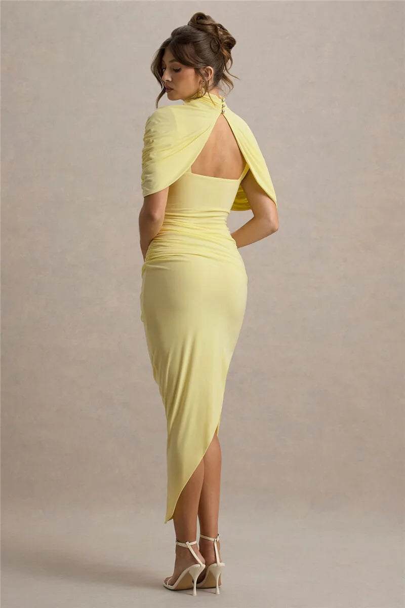 Backless Ruched Dress Women Summer Turtleneck Slim High Waist Evening Club Party Long Dress