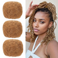 Three brown hair extensions next to a woman with styled dreads, Obroi