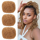 Three brown hair extensions next to a woman with styled dreads, Obroi