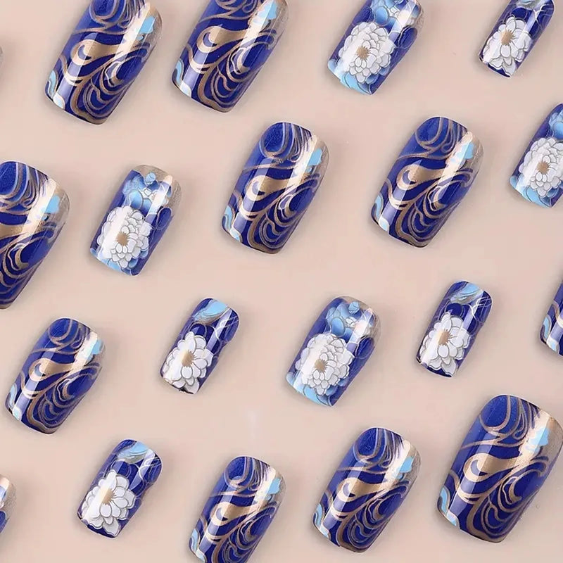 24Pcs/set Mid-length Blue Press on Nail French Square False Nails Art Flower Decoration Wearable