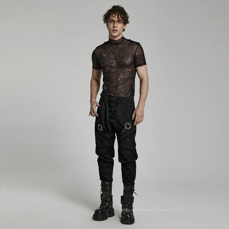 Men Mesh Slim Fit T-shirt Shoulders Lace Casual Tops Tees