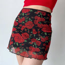 Summer Floral Mesh Mini Skirt Rose Women Wrap Hip A Line Short Skirt Vintage Slim Fit