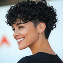 Woman with stylish black curly hair smiling outdoors, Obroi