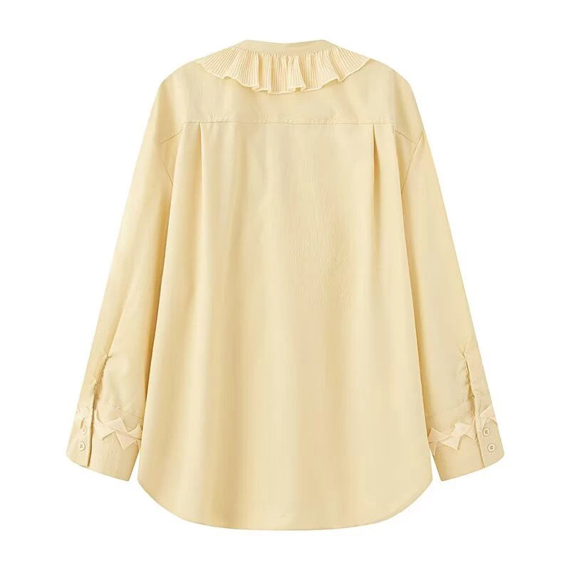 Women Lace Up Ruffled Pleated Pullover Blouse V-Neck Female Chic Lady Shirts