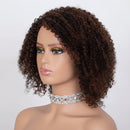 Mannequin head with a curly brown wig and a decorative necklace on a white background, Obroi
