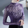 Purple sheer blouse with wavy pattern on a neutral background, Obroi