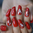 Red Press On Nails With Designs Pearls Lipstick Shape Luxury naNails Long Medium Artificial Nail Tips