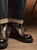 Round Toe Handmade Ankle Boot Retro Genuine Leather Platform Zipper Male Mid Heel Boots