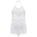 Womens Latin Samba Dance Costume Lace-up Halter Tassel Bodysuit Backless Fringed Jumpsuit Party Dancewear