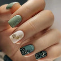 24Pcs Nails Press on Short Square Head False Nail Art Green Leopard Full Cover Nail Tips