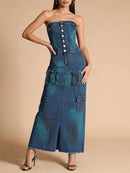 Camouflage Strapless Denim Maxi Skirt for Women