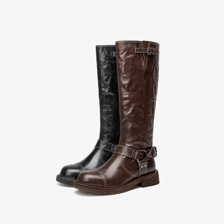 Women Pleated Thick Heel Knee High Women Boots, Knight Boots Round Toe Side Zipper Mid Leg Boots