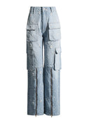 Patchwork Denim Pant For Women High Waist Spliced Wide Leg Pants Female