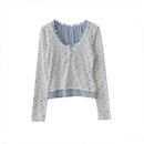 Spring Autumn forest Retro Sweet Small Floral T-shirt Women Lace-up Tops