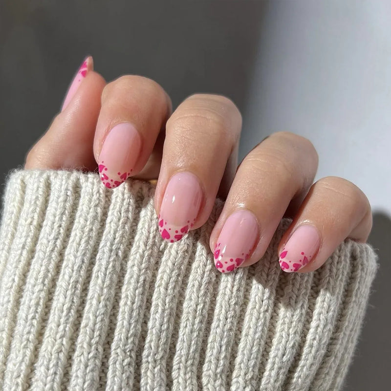 24Pcs Glitter Gradient Love Fake Nails Short Almond French Design Valentine Day Party Pink Press on Nails
