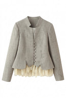 Spring Autumn Women Elegant Blazer Single Breasted Lace Hem Outerwear
