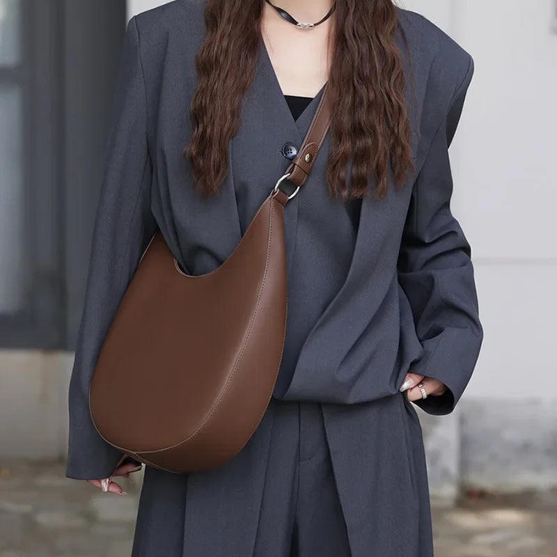 Classic Moon Design Armpit Shoulder Bag Smooth Split Women Handbag Large Adjustable Handle Tote