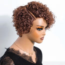 Mannequin head with a brown curly wig on a white background, Obroi
