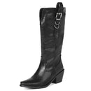 Black leather boot with a buckle on a white background, Obroi