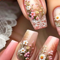 24pcs Flower Stick on False Nails Shiny Powder Design Coffin Press on Nails