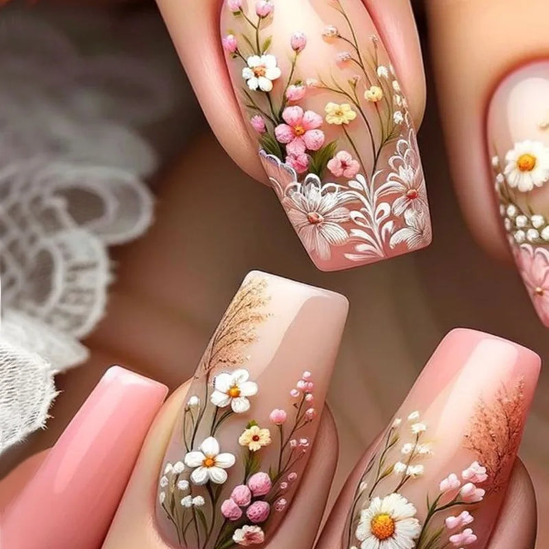 24pcs Flower Stick on False Nails Shiny Powder Design Coffin Press on Nails