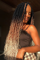 Wavy cornrow braids with a black-to-blonde ombre gradient, shown both worn on a model and held up against a white background. A 'Obroi' brand logo is visible in the top left corner.