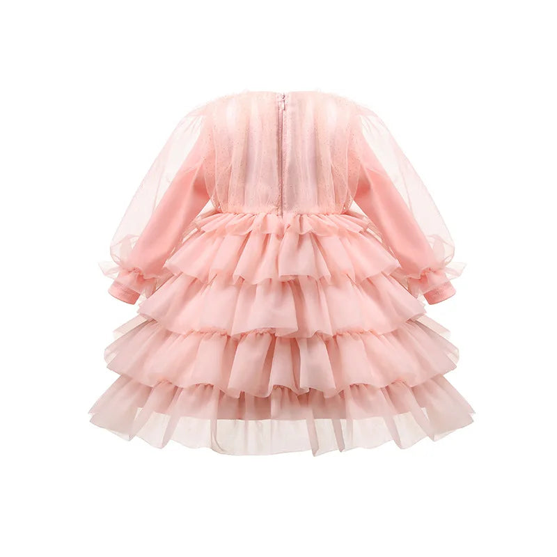 Children Layered Dress for Spring Girls Wedding Dress Lace Lantern Sleeve Princess Party Kids Clothes 1-