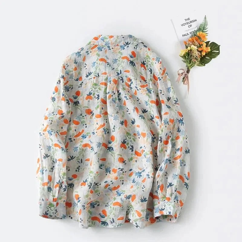 Floral Chic Thin Single Breasted Women Blouse Shirt Female Tops