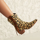 Leopard Wood Grain Thick Heel Tassel Thin Strap Slip-On Plush Lining Boots