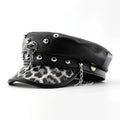 Black leather cap with leopard print and skull design on a white background, Obroi