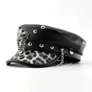 Black leather cap with leopard print and skull design on a white background, Obroi