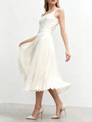 Spliced Shirring Dresses for Women Square Neck Sleeveless High Waist Casual Dress Female Clothing