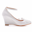 Women Wedding Shoes Bride Bridesmaid Dress 8cm Wedges High Heels White Lace Flower Female Pumps