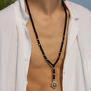Black Beaded Chain Compass Long Pendant Necklace for Men Beads Tassels Collar on the Neck Male