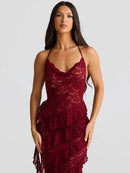 Lace Backless Dress Women Gown Halter Lace-up Bodycon Elegant Ruffle Dress