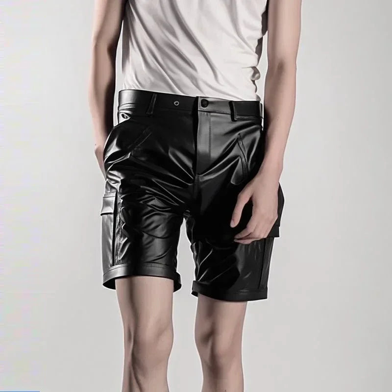Men's Black Leather Shorts Male Casual Stretch Short Cargo Straight Pants