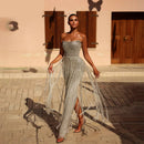 Sliver Sequin Evening Dresses Strapless Dresses with Tassel Mermaid Gown