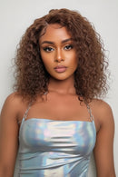 Two views of a woman with curly hair wearing a metallic dress against a plain background, Obroi
