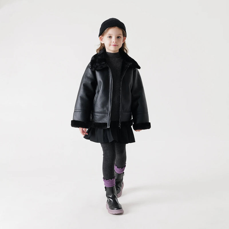 Boys Girls Faux Fur One Leather Jacket Children's Warm Coat for Winter