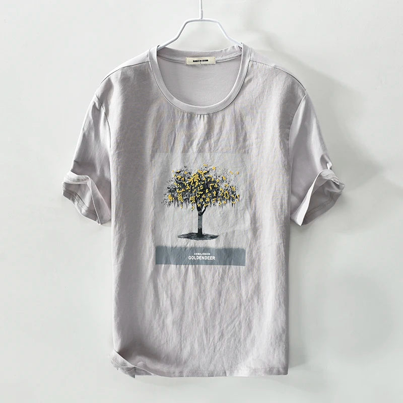 New linen embroidered round neck t-shirt men print-double-fish men t shirts short sleeve solid white tshirt mens camiseta tops