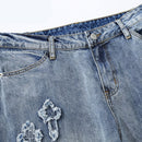 Streetwear Mens Retro Embroidery Patch Straight Baggy Denim Pants Casual Loose Trousers High Street