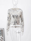 Sliver Sequined Pullover Women Spring Long Sleeve Female Shirts Thin Street Lady Crop Tops