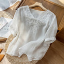 Summer Women Flower Embroidery  Cotton T-shirt Simple Basic Pullover Tops Female