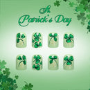 Nail art designs with green clovers on a St. Patrick's Day themed background, Obroi