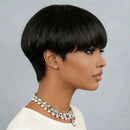 Woman with a stylish short black haircut against a gray background, Obroi