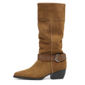 Leather Western Boots Pointed Toe Buckle Block Heels Winter Knee High Boots Handmade Ladies Shoes