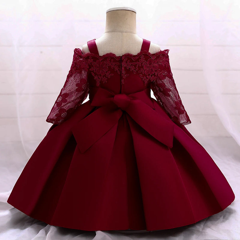 Baby Girls Baptism Long Sleeve Dress Bow Princess Birthday Toddler Christening Clothes Ball Gown Kids Dresses For Child