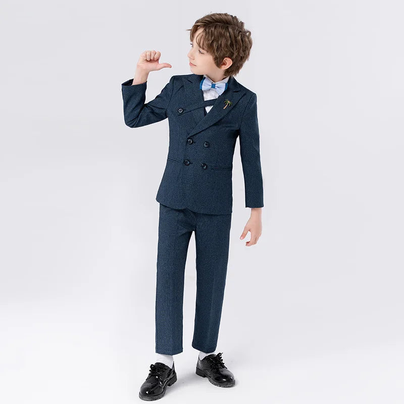 Child Formal Navy Suit Set Boy Piano Host Wedding Party Photography Costume Kids Blazer Vest Pants Bowtie